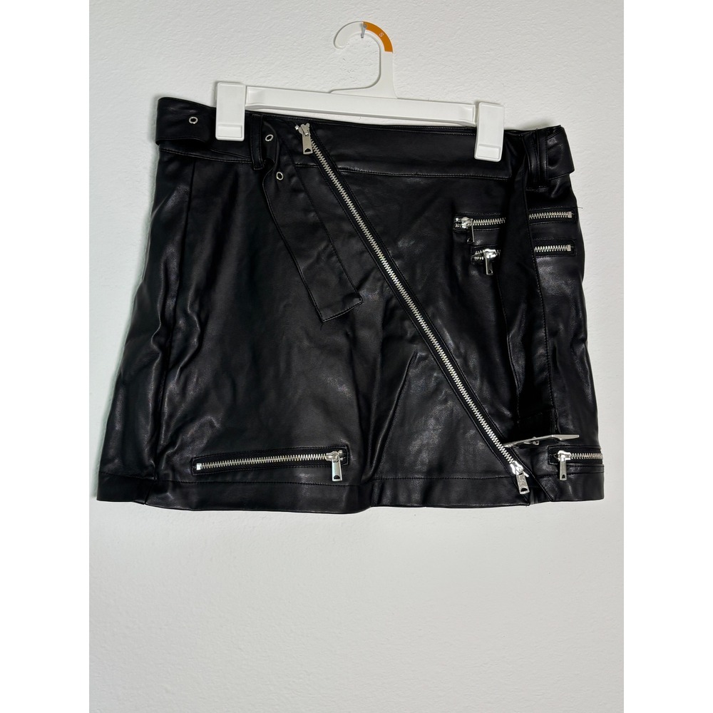 Ashley Classics Black Faux Leather Moto Mini Skirt Asymmetric Zip Belted Large